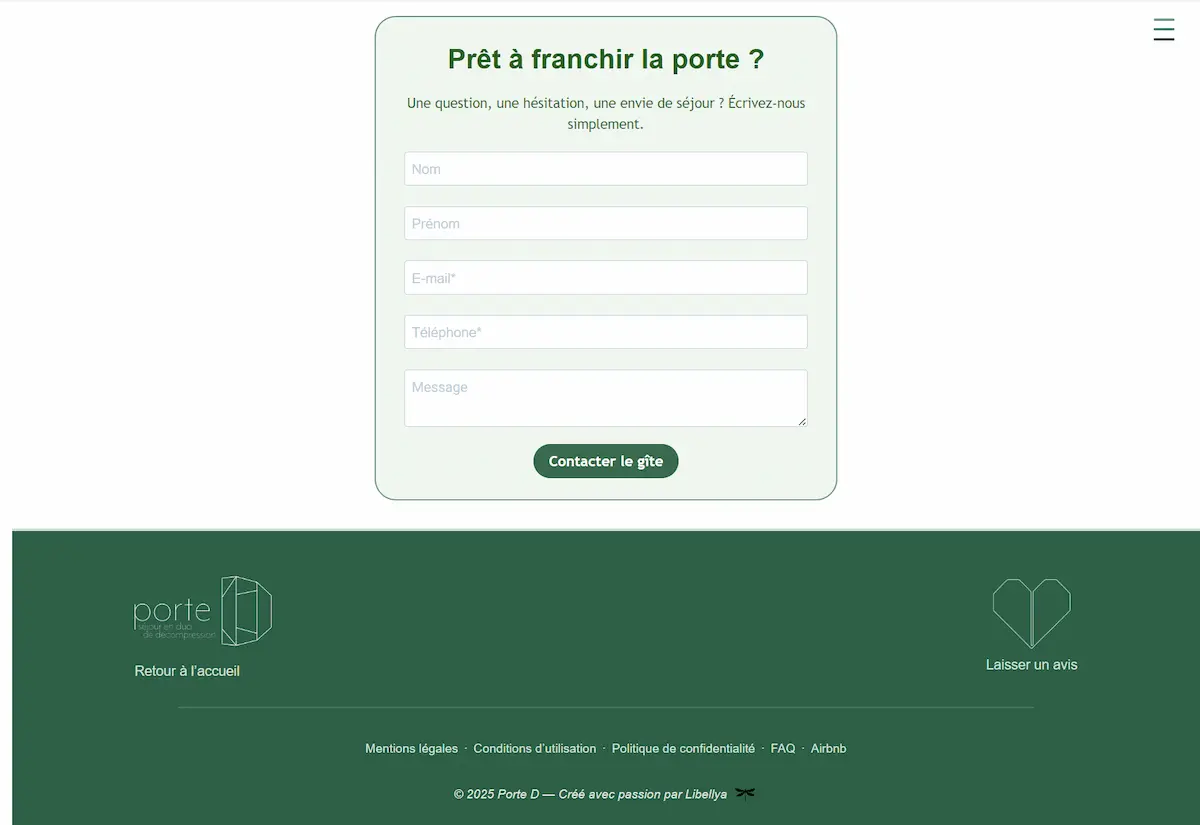 Formulaire de contact et footer du site Gîte Porte D