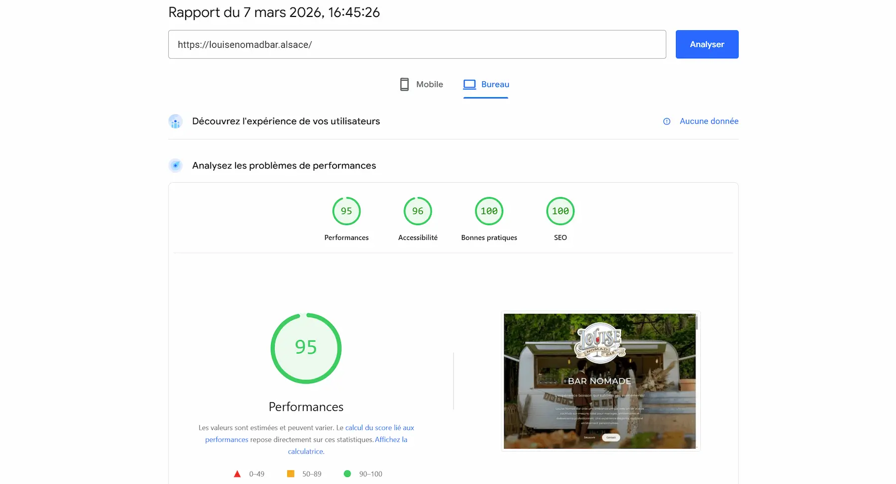 Score PageSpeed sur ordinateur Louise Nomad Bar