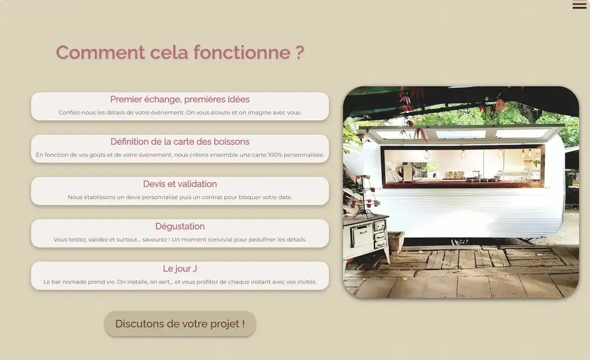 Page d'accueil du site Louise Nomad Bar fonctionnement