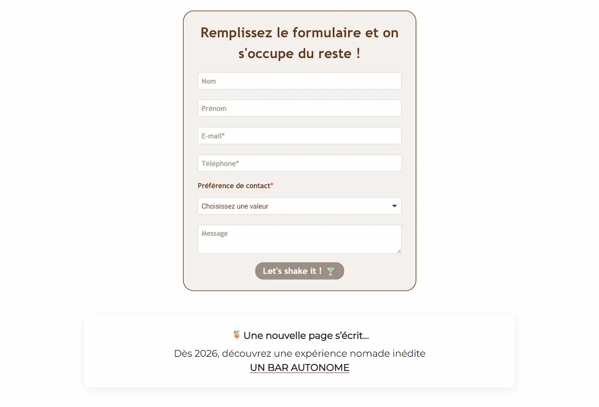 Page d'accueil du site Louise Nomad Bar formulaire