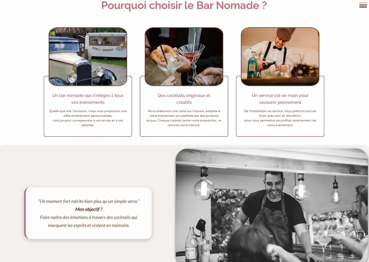 Page d'accueil du site Louise Nomad Bar section prestation